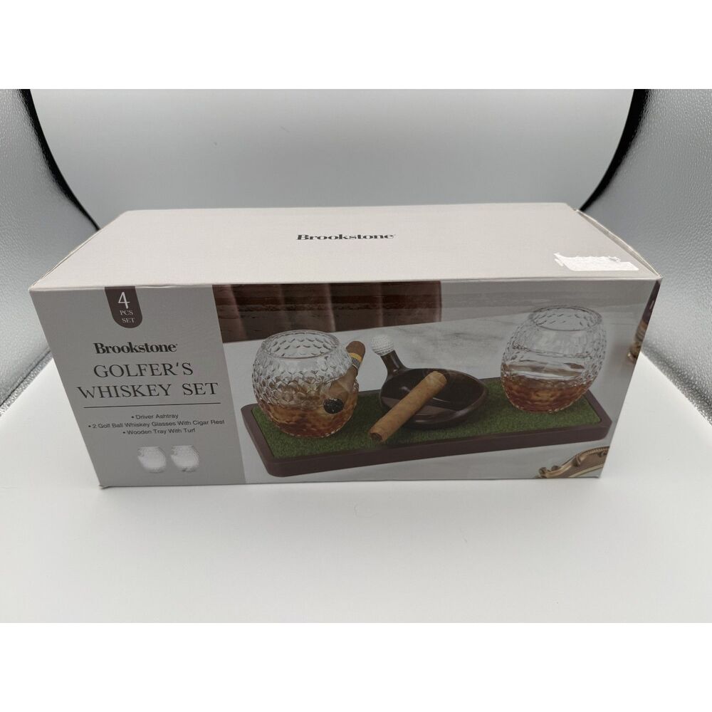 Brookstone Golfer's Whiskey Set 4-Piece Cigar Rest Ashtray Turf Tray NIB
